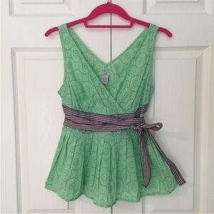 {ANTHRO} Odille Seafoam Green Sleeveless Wrap Peplum Top with Striped Belt